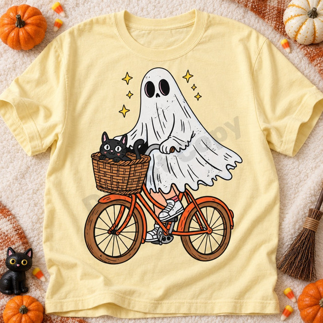 Cartoon ghost riding an orange bicycle with a black cat in the front basket and yellow sparkle stars, DTF transfer on a yellow t-shirt Shown on a Butter t-shirt.
