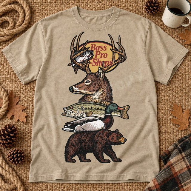 Bass Pro Shops logo stacked outdoor wildlife DTF transfer with deer head, bass fish, mallard duck, and black bear in woodcut-style linework Shown on a Khaki t-shirt.