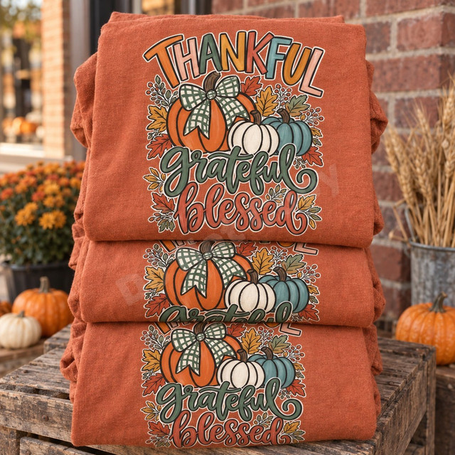 Thankful Grateful Blessed DTF transfer with hand-drawn orange, cream, and teal pumpkin trio, plaid bow, autumn leaves, and berries Shown on a Yam t-shirt.
