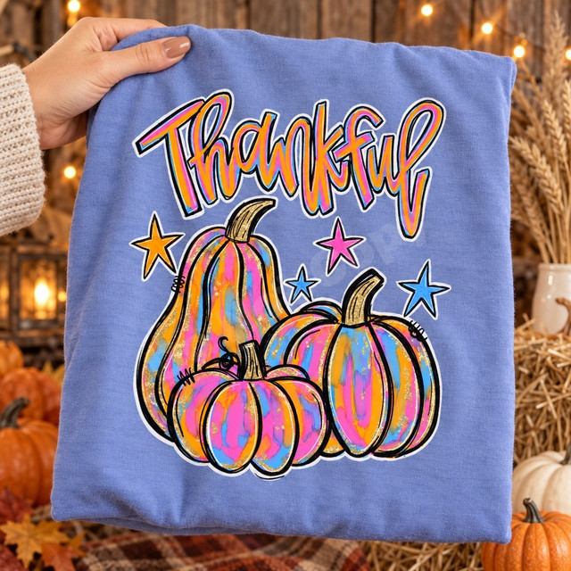 Thankful DTF transfer with hand-lettered script and a stack of watercolor-style pumpkins and squash in pink, orange, and blue with gold glitter accents, surrounded by stars Shown on a Periwinkle t-shirt.