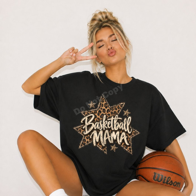 Basketball Mama DTF transfer with leopard print stars and bold script lettering on a black shirt