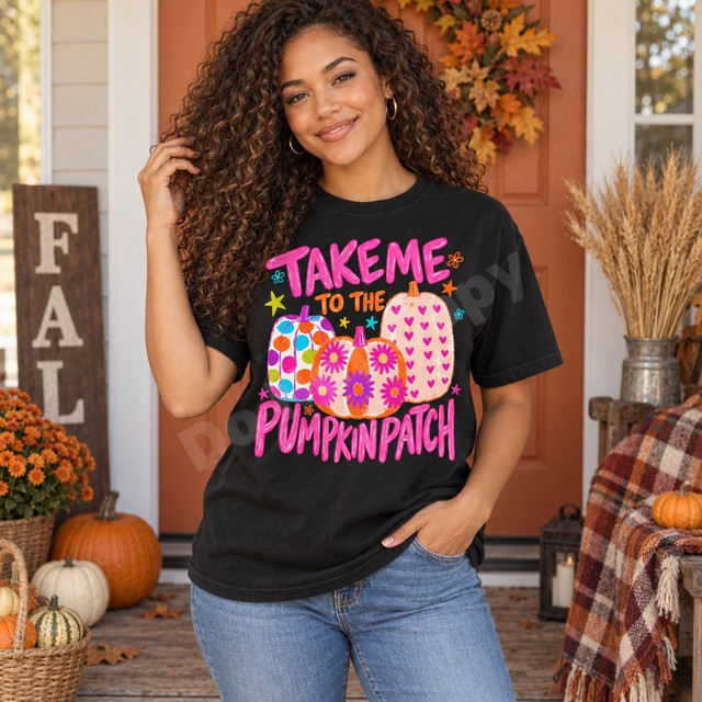 Take Me to the Pumpkin Patch DTF transfer with pink bubble lettering and three colorful decorated pumpkins featuring polka dot, daisy floral, and heart patterns Shown on a Black t-shirt.