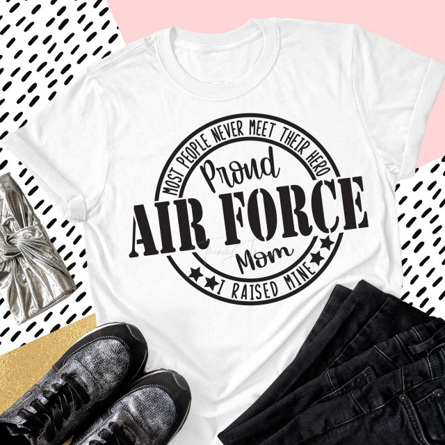 Proud Air Force Mom Military Civil Servants Sublimation Transfer, white T-shirt with black printed design honoring mothers with children in the Air Force