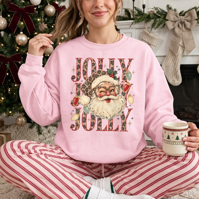 Jolly Jolly Jolly DTF transfer with leopard print lettering and a vintage Santa face wearing glasses and string lights