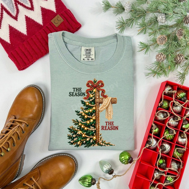 The Season The Reason Christmas DTF transfer with a jeweled Christmas tree and pearl-draped cross design