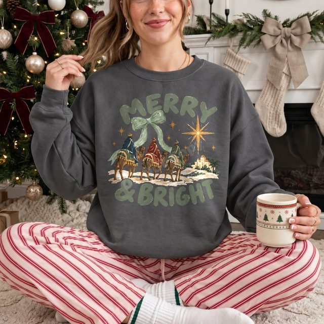 Merry & Bright Christmas DTF transfer with the Three Wise Men on camels, Bethlehem star, and sage green bow lettering
