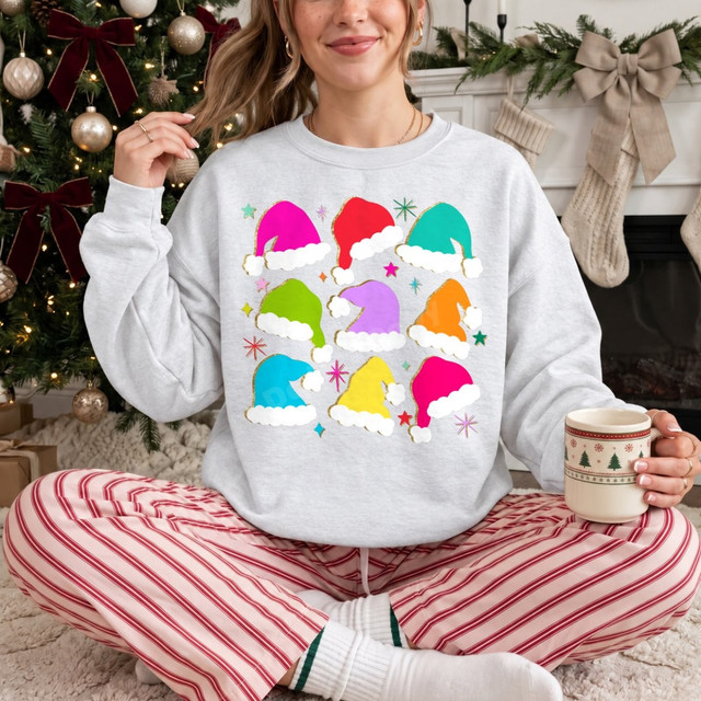 Colorful Santa hat grid DTF transfer with nine bright multicolor Santa hats and star accents