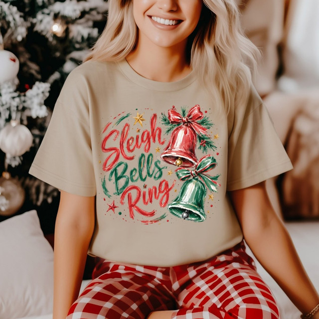 Sleigh Bells Ring Christmas DTF transfer with hand-painted red and green bells, bows, and stars