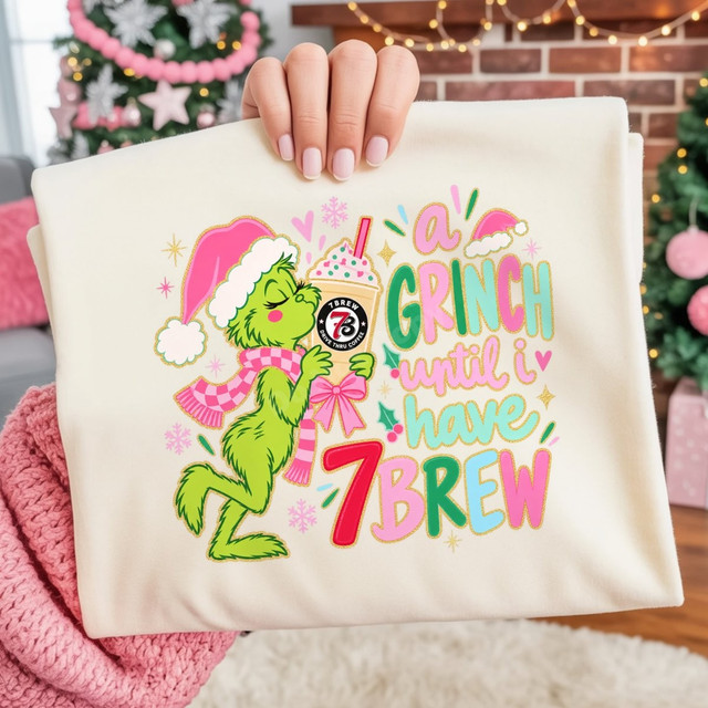 A Grinch Until I Have 7Brew DTF transfer with pink Santa hat Grinch holding an iced coffee drink in pastel retro lettering