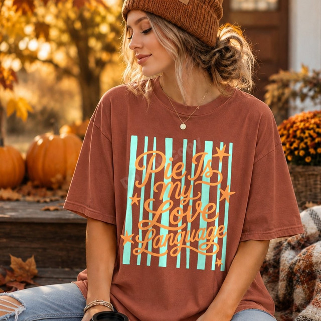 Pie Is My Love Language DTF transfer with orange script lettering, stars, and mint green striped background