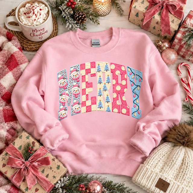 Pink MERRY Christmas DTF transfer with snowman leopard print, checkered, polka dot, and string light lettering design