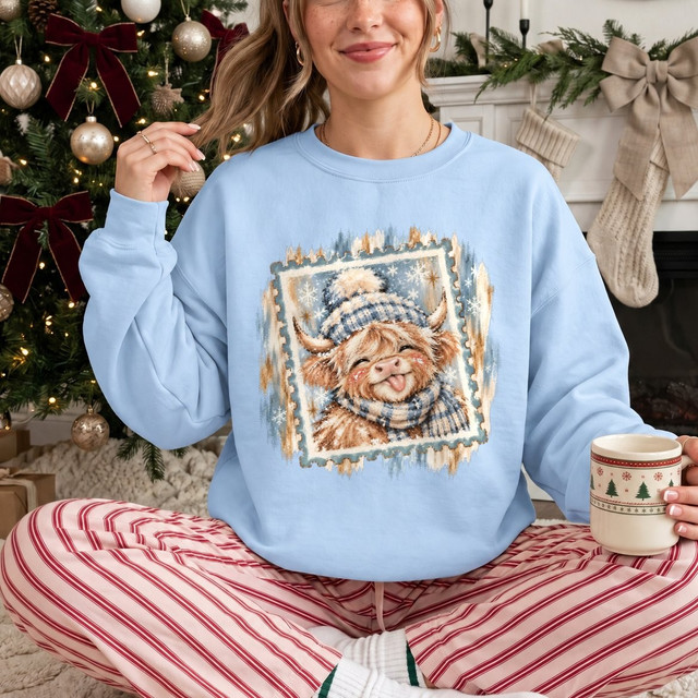 Winter Highland cow DTF transfer with knit hat and scarf, snowflakes, and a vintage postage stamp style frame