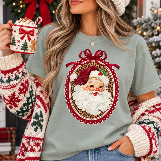 Vintage Santa Claus face DTF transfer in a leopard print and red scalloped frame with bow, painterly Christmas design