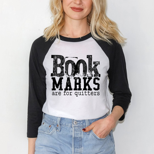 Book Marks Are For Quitters DTF transfer with bold distressed newspaper-style lettering for book lover shirts