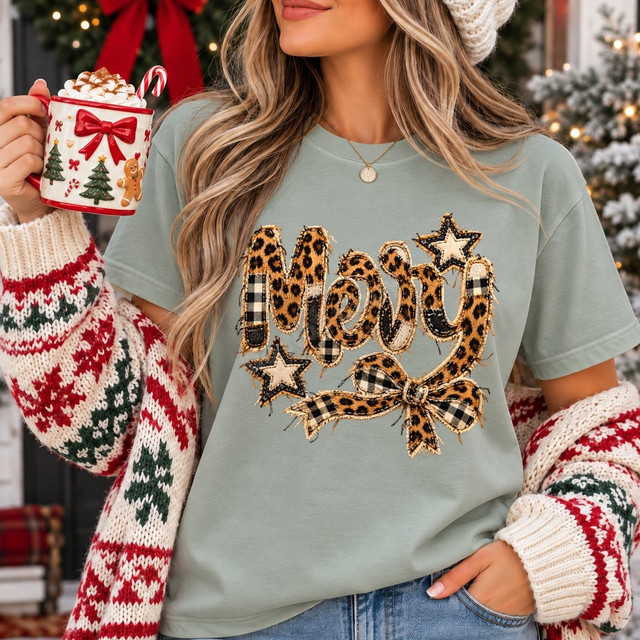 Merry Christmas DTF transfer with faux leopard print and buffalo plaid stitched-look lettering, stars, and bow