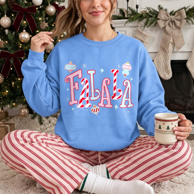 FALALA Christmas DTF transfer with candy cane striped bubble letters, snowflakes, and colorful ornament graphics