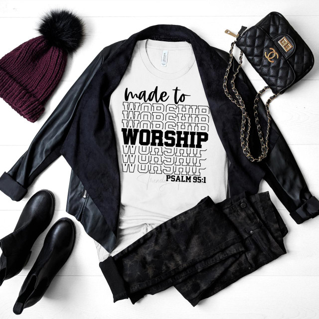 Made to Worship word stack religious Psalm Sublimation Transfer, T-shirt with religious Psalm Psalm 95:1 design.