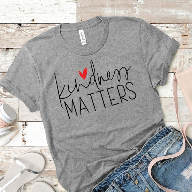 Kindness Matters Adult Screen Print Heat Transfer, gray T-shirt with 'kindness MATTERS' text and a red heart