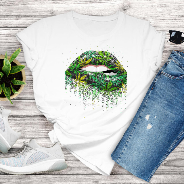 420 glitter lips pot marijuana weed sublimation transfer, colorful glittery lips design with marijuana leaves.