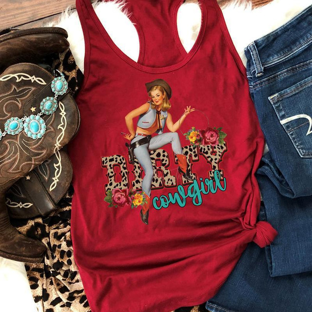 Dirty Cowgirl Screen Print Transfer, red tank top with cowboy girl graphic and 'Dress Cowgirl' lettering.