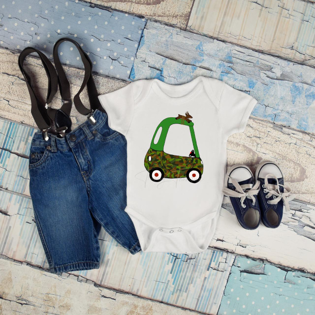 Cozy Coupe Camo Deer Hunting Boys Sublimation Transfer, children's t-shirt with a camo-patterned toy car with deer and hunting dogs design.