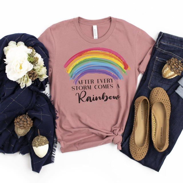 Rainbow Baby ADULT FINAL STOCK Screen Print Heat Transfer T-shirt with rainbow design and quote, displayed with jeans, shoes, and decorative flowers in the image.