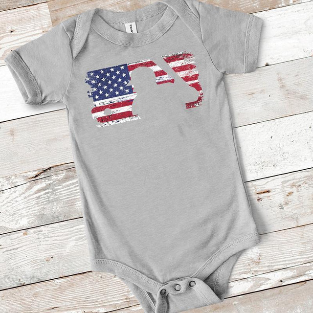 American Flag MLB-Baseball Cutout Infant Screen Print Heat Transfer, gray infant onesie with patriotic American flag baseball design.