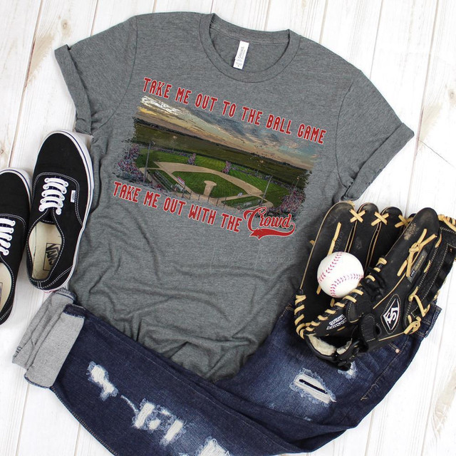 Take Me Out To The Ball Game Small Town Field FINAL STOCK Screen Print Heat Transfer T-shirt, with baseball equipment including a glove, baseball, sneakers, and distressed jeans on a wooden background.