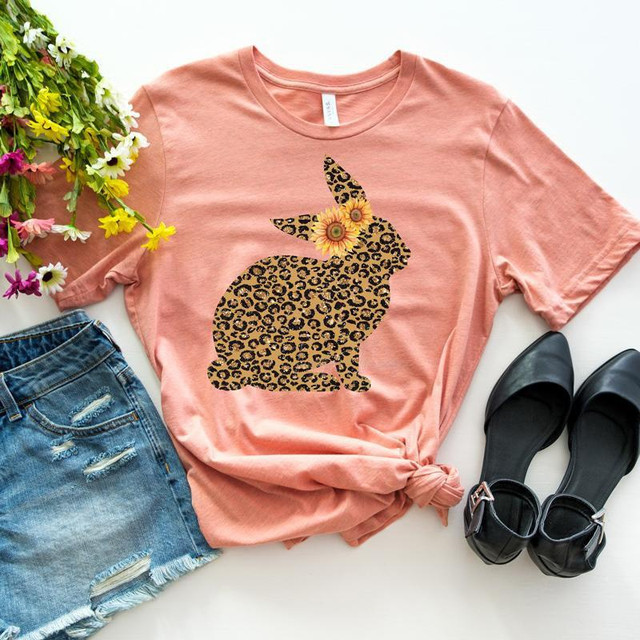 Leopard Easter Bunny ADULT Screen Print Heat Transfer, pink T-shirt with a leopard print bunny graphic.