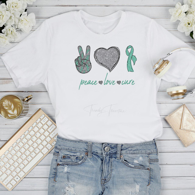 Teal Ribbon Awareness Glitter Heart Peace Love Cure Sublimation Transfer T-Shirt, white graphic tee with teal glitter ribbon, heart, peace sign, and text design.