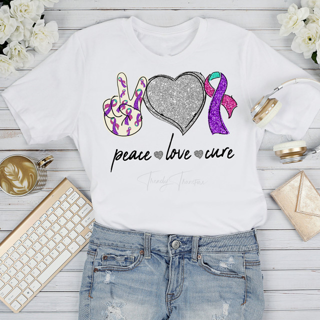 Pink Purple Teal Thyroid cancer Ribbon Awareness Glitter heart Peace Love cure Sublimation Transfer