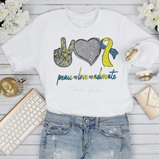Blue and Yellow Ribbon Down Syndrome Awareness Glitter heart Peace Love Advocate Sublimation Transfer