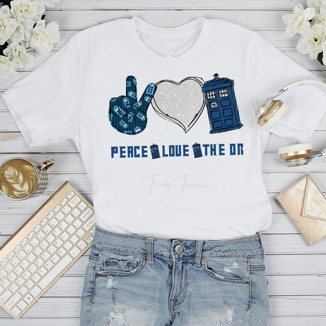 Peace Love The Dr Dr Who Tardis Fan art glitter heart Sublimation Transfer