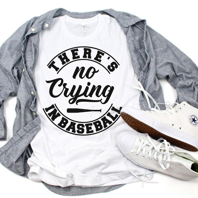 No Crying In Baseball Sublimation Transfer, graphic T-shirt with the phrase 'There is no crying in baseball' and a baseball bat illustration.