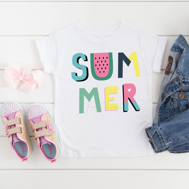 Watermelon Summer Pastel word art Sublimation Transfer, colorful and playful summer themed t-shirt design featuring the word 'SUMMER' with watermelon and pastel colors.