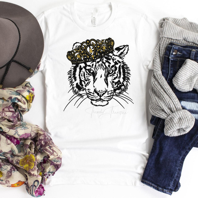 Tiger with Crown Sublimation Transfer, a graphic T-shirt with a detailed tiger face wearing a crown on white fabric.