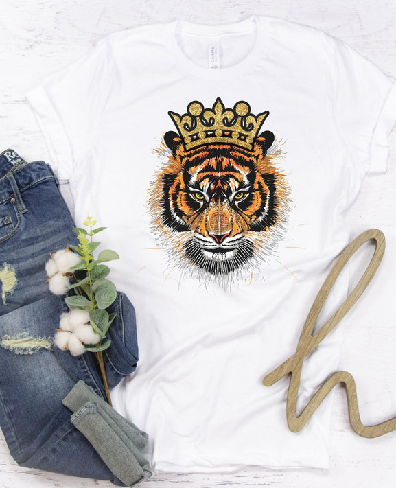 Tiger with Crown 2 Sublimation Transfer, white t-shirt featuring a detailed illustration of a tiger's face wearing a golden crown.