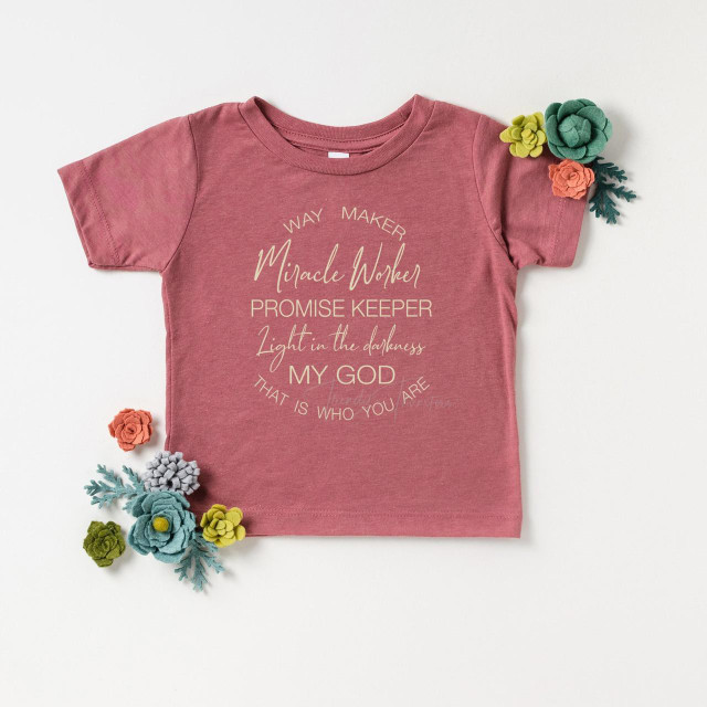 Waymaker Cream YOUTH - FINAL STOCK Screen Print Heat Transfer, pink children's t-shirt with inspirational quote and colorful faux flower embellishments on white background.