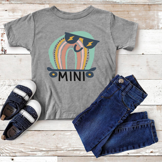 Boy Mini Rainbow Youth Screen Print Heat Transfer, colorful rainbow graphic with sunglasses and skateboard design on a gray t-shirt.