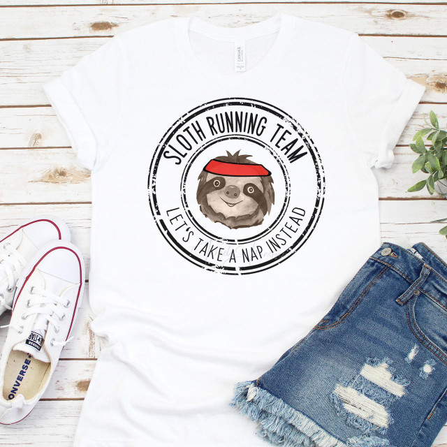 Sloth Running Team Sublimation Transfer, cartoon sloth wearing a red headband with a humorous quote, on a white t-shirt.