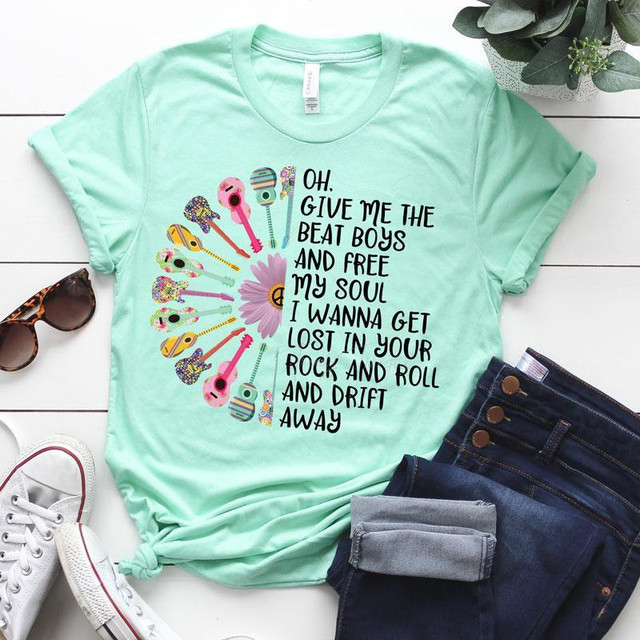 Give Me The Beat Boys and Free My Soul Screen Print Heat Transfer T-shirt with colorful guitar and flower design