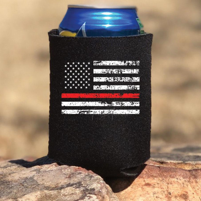 Thin Red Line HAT/CAN HUGGER Screen Print Heat Transfer, a black fabric can hugger with a distressed American flag design featuring a red line across the stripes.