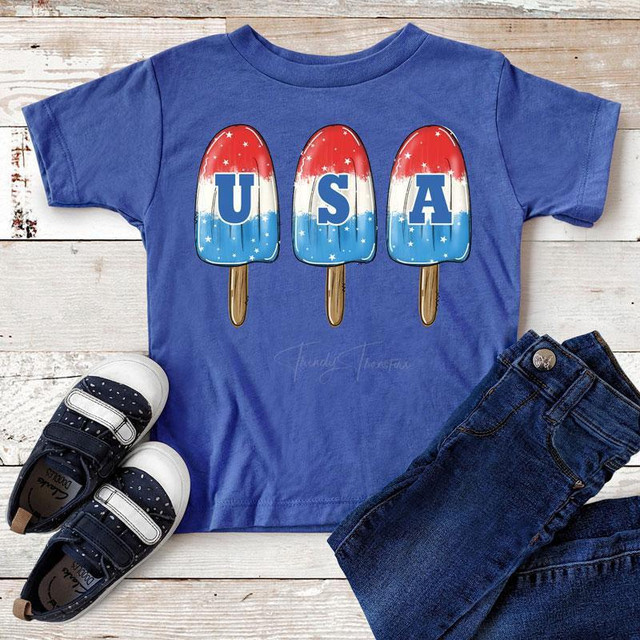 USA Bomb Pop YOUTH Screen Print Heat Transfer, colorful popsicle design with stars and stripes on a blue T-shirt.