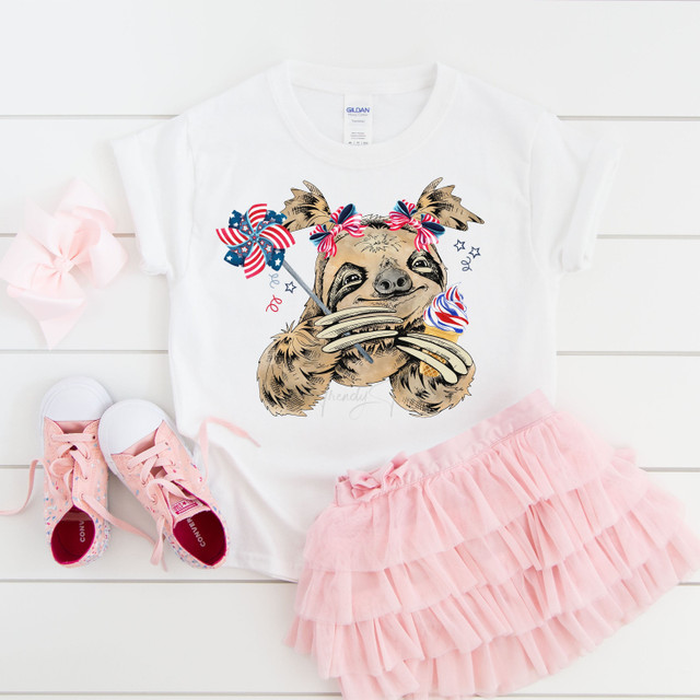 Patriotic Sloth Girls pigtails youth kids Sublimation Transfer