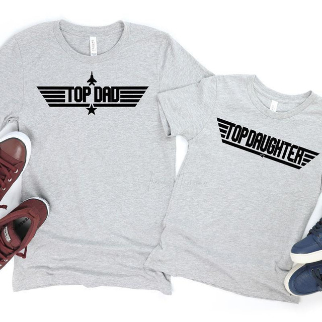 Top Dad Screen Print Heat Transfer, graphic black print on gray T-shirts for parents.