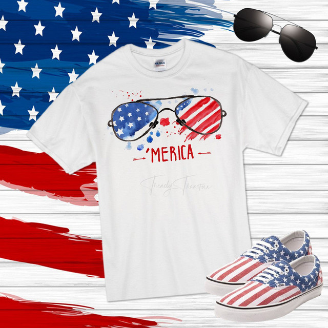 Merica' glasses flag watercolor unisex patriotic Sublimation Transfer