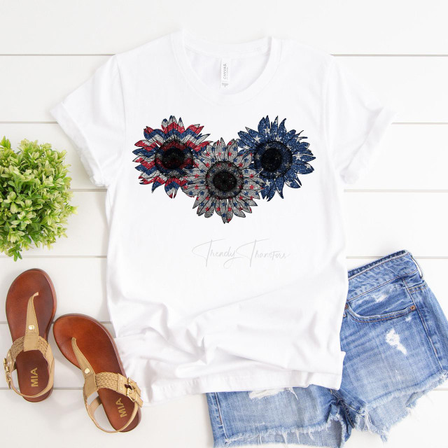 Glitter print Patriotic Flag Sunflower trio Sublimation Transfer, a white t-shirt featuring a patriotic sunflower design with American flag patterns in glitter print.