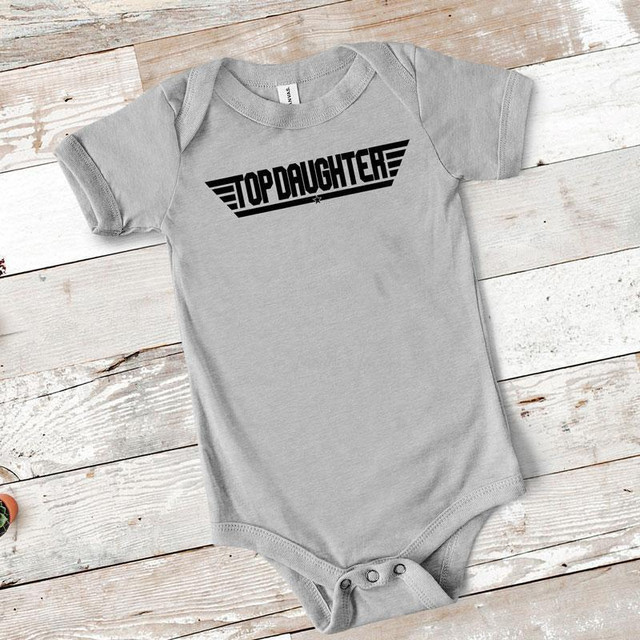 Top Daughter Infant Screen Print Heat Transfer on gray baby onesie with black text design.