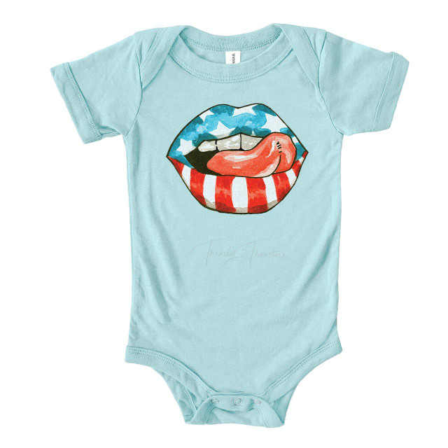 Patriotic Lips and Tongue Infant Screen Print Heat Transfer, baby onesie with a graphic of lips painted with American flag colors, tongue sticking out.