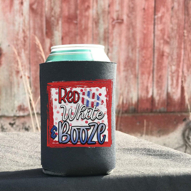 Red White and Booze POCKET/CAN HUGGER Screen Print Heat Transfer, insulated can cooler holding a beverage can